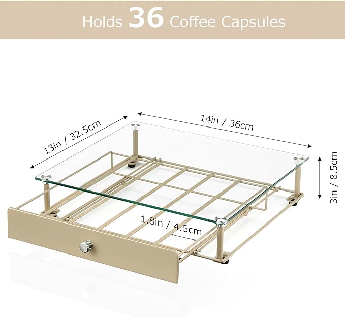 Coffee Pod Holder With Tempered Glass Top Drawer - Compatible With K Cup Pods, Holds 36 - Storage Organizer for Shop, Office, Kitchen Counter 14 13 3 in