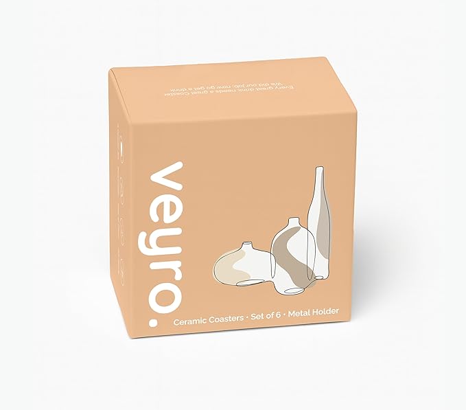 VEYRO Ceramic Coasters Set of 6 – Absorbent Stone Drink Coasters with Holder, Non-Slip Cork Backing, Modern Marble Look Coasters for Coffee Table, Desk & Home Decor