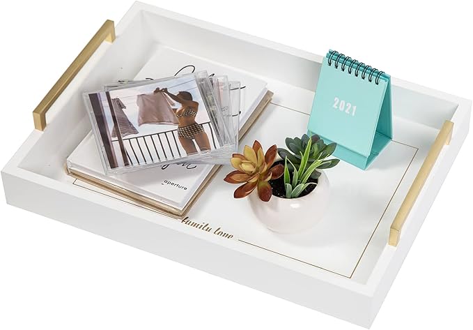 Decorative Coffee Table Ottoman Trays Modern Wood Elegant 16"x12" Rectangle Glossy Shagreen Serving Trays with Champagne Gold Handles -Drinks, Liquor Serving Platter for All Occasion's(White)