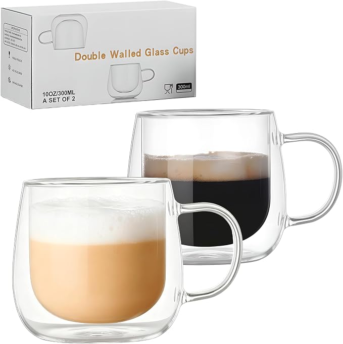 10oz Double Walled Glass Coffee Mugs Set of 2, Clear Insulated Mug for Cappuccino, Latte, Borosilicate Glass Cup, Heat & Cold Resistant Glasses