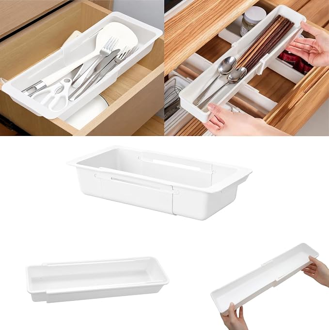 2 Pack Hanging Expandable Drawer Organizer with 2 Pack Non-Hanging Sliding Adjustable Storage Trays for Kitchen, Bathroom, Office, White