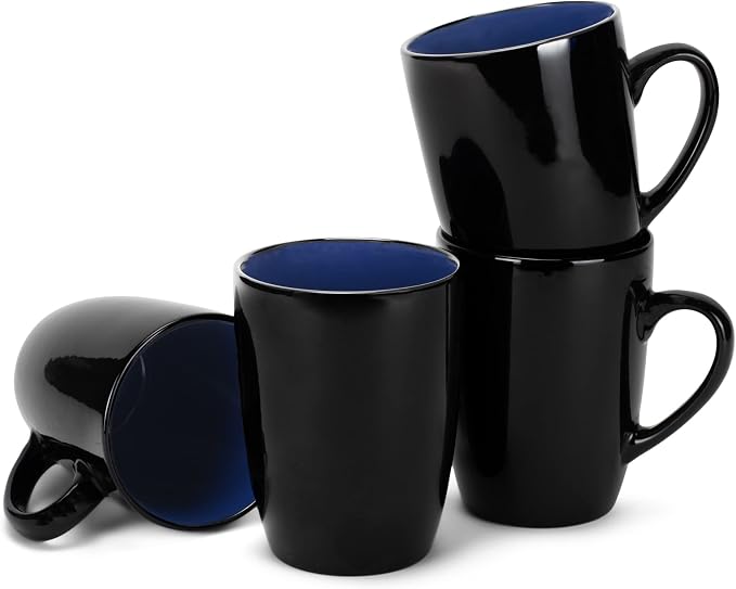 Elanze Designs Color Pop Blue Black Exterior 16 ounce Glossy Ceramic Mugs Matching Set of 4