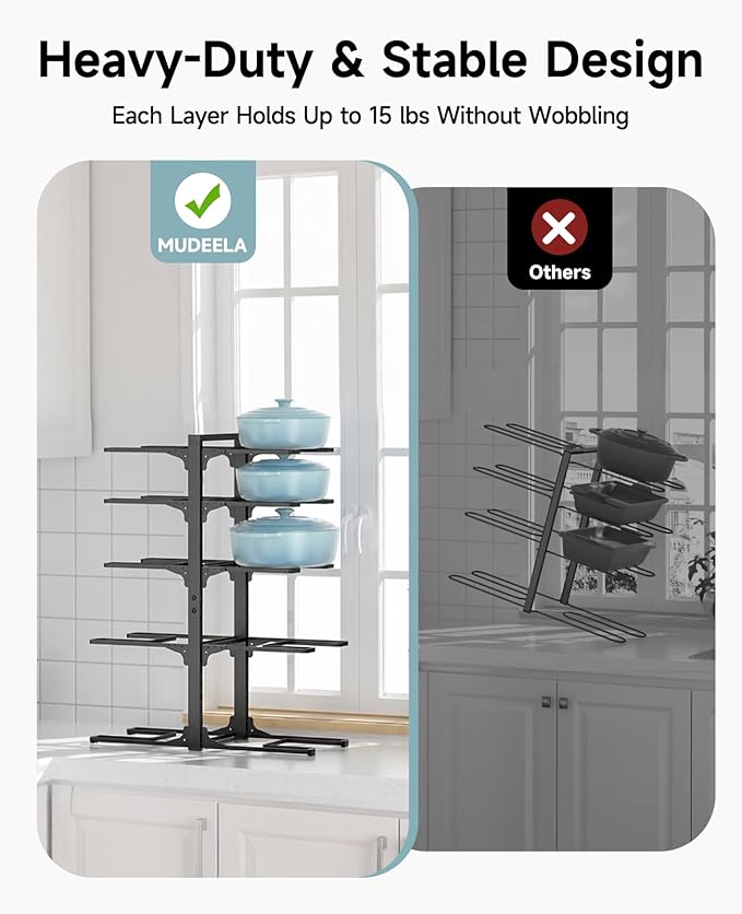MUDEELA Pots and Pans Organizer Rack under Cabinet 23.62" Height, 10-Tier Adjustable Heavy Duty Pot and Pan Organizer Rack inside Cabinet for Kitchen Organizer Cast-iron Pans, Heavy Cookware