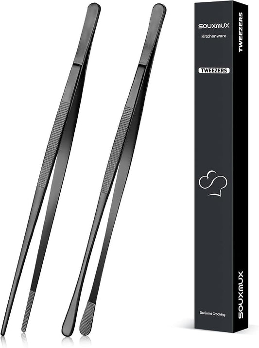 2 Pcs 10-inch Cooking Tweezers Tongs Precision Serrated Tips, Stainless Steel Professional Chef Tweezer Kitchen Tools for BBQ, Plating and Serving (Black)