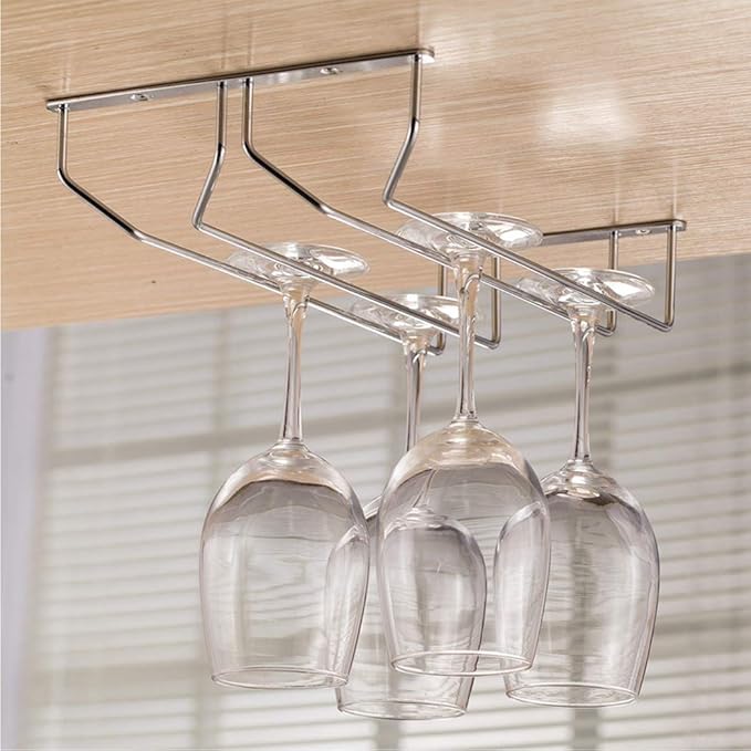 Stemware Wine Glass Hanging Rack Under Cabinet Kitchen Bar Storage Wine Glass Rack Holds up to 8-10 Wine Glass, 13.4 Inch 2 Rows, Silver