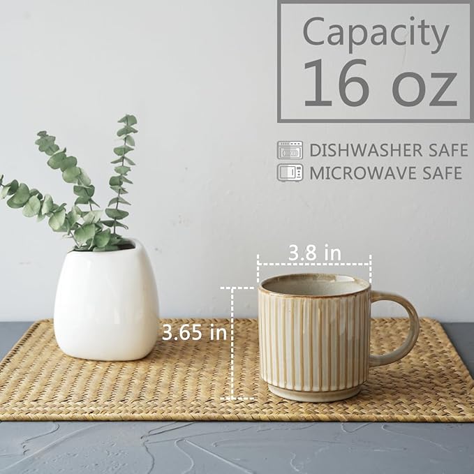 Bosmarlin Stackable Ceramic Coffee Mug Set of 4, 16 Oz, Coffee Cups, Microwave Safe, Unique Reactive Glaze (Beige, 16 Oz)