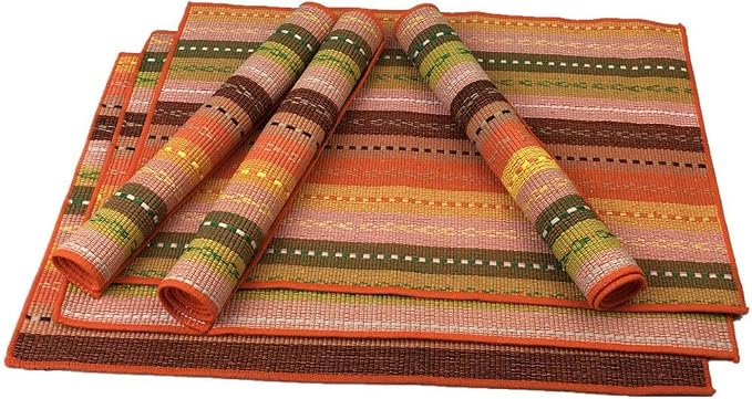 WAZAIGUR Hand Woven with 100% Cotton Placemats Colorful Placemats Braided Ribbed Durable Heat-Insulation Table Mats Set of 6,Orange