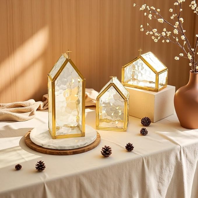 Glass Candle Holder Set of 3, Gold Metal & Textured Glass House-Shaped Candle Holders for Elegant Home Decor, Wedding Table Decor, Mantel & Living Room Accents