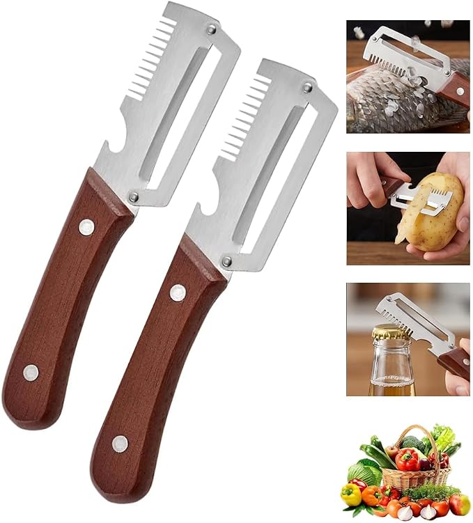 Multifunctional Vegetable Peeler - Vegetable Peeler with Bottle Opener, Stainless Steel Peeler with Wooden Handle, Fruit Peeler for Kitchen, Camping, Travel 2PC