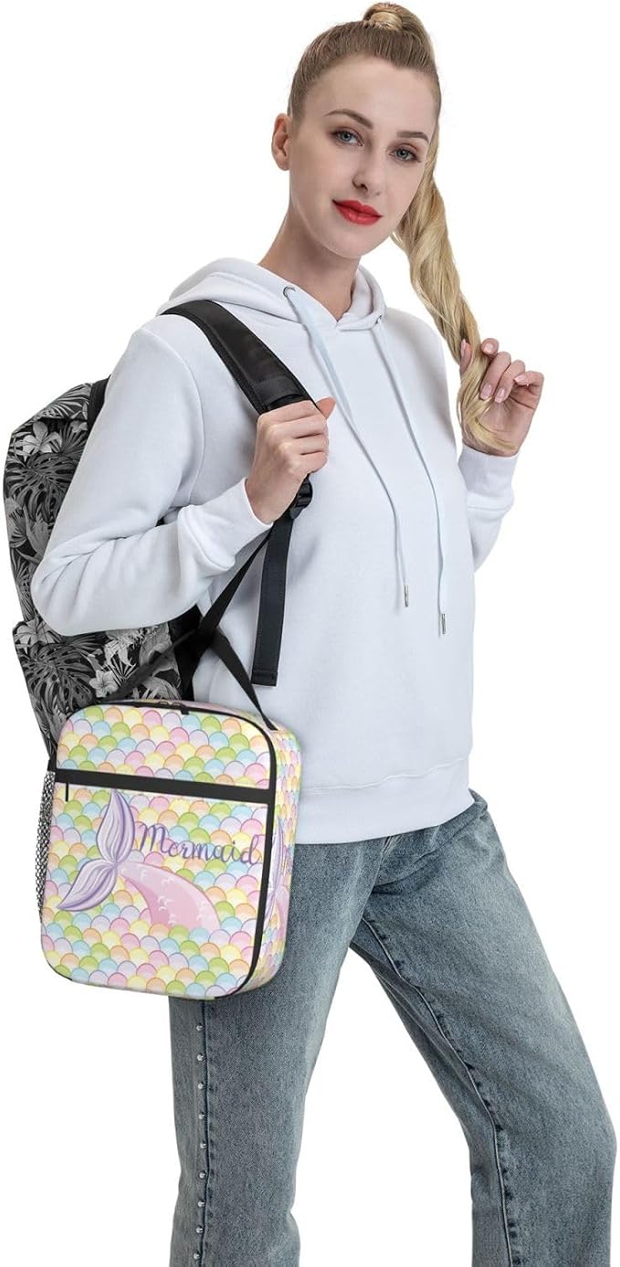 Mermaid Tail Colorful Galaxy Blue Insulated Lunch Bag Portable Reusable Zipper Lunch Box For Men Women Work Picnic Travel Camping