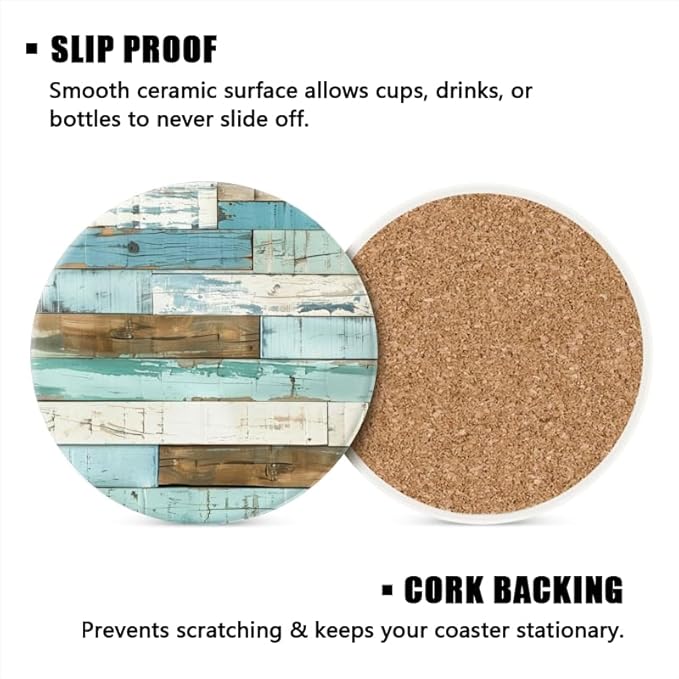 Ceramic Drink Coasters Absorbent Set of 1, Distressed Blue and White Planks Round Anti Slip Modern Cup Coasters for Desk Kitchen Office Housewarming Hostess Gifts (4 * 4 Inch)