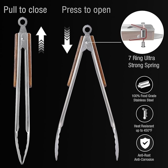 16" & 12" Heavy Duty Stainless Steel Grill Tongs with Locking Mechanism & Heat-Resistant Wooden Handle - 2-Pack BBQ Tongs for Grilling, Barbecue, Kitchen Cooking Accessories