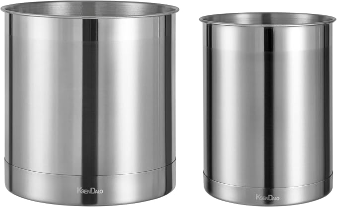 KSENDALO Jumbo Utensil Holder and Medium 6.6inch Utensil Crock Set for Countertop,Stainless Steel Utensil Caddy for Spoons, Silverware, and Spatulas for Kitchen, Silver