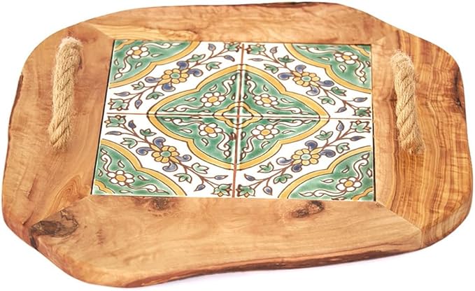 Kamsah Olive Wood Serving Tray with Handles (L:10”, W:10”) Decorative Square Serving Trays for Serving Food, Drinks, Tea, Coffee - Rustic Vintage Wooden Serving Tray for Table & Gifts - Arabesque