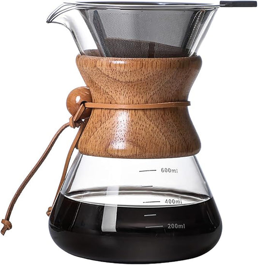 Pour Over Coffee Maker with Reusable Stainless Steel Drip Filter, Lead-Free Borosilicate Glass Coffee Carafe with Modern Wooden Collar for 1-4Cup, Circular Clear (600ml/20oz)