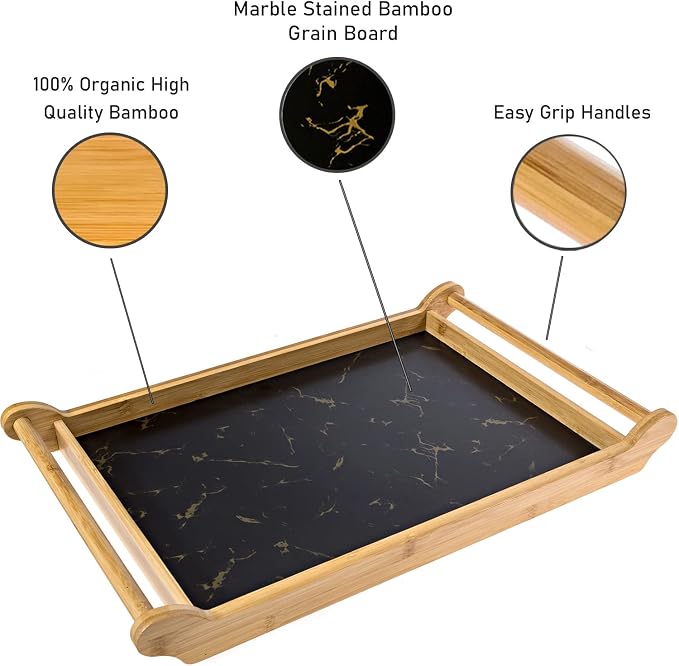Large Serving Tray - Bamboo Wood Rectangle with Round Handles - Great Coffee Table or Ottoman Platter Decorative Trays - Breakfast, Dinner, Eating Food in Bed, or Tea Tray W/Raised Edge 18x12 Black