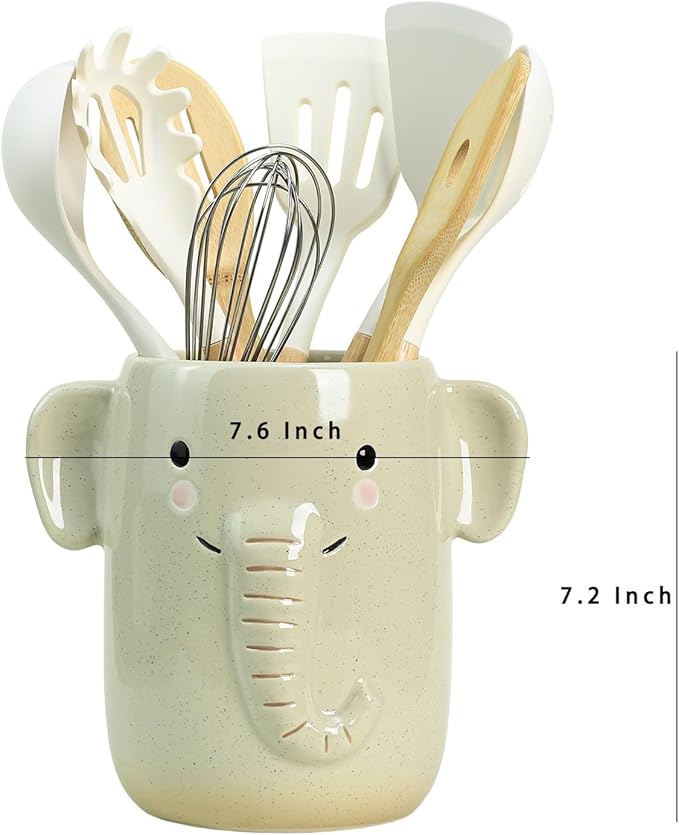 Ceramic Cartoon Animal Pattern Kitchen Utensil Holder, Large Cooking Utensil Crocks for Kitchen Countertop, Cartoon Style Utensil Organizer for Spatula, Kitchen, Home Decoration-Elephant
