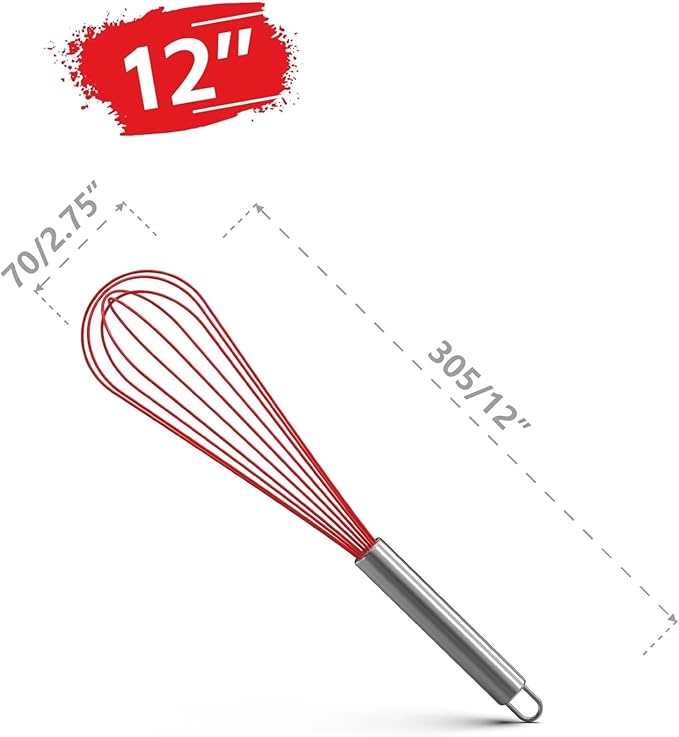 Balloon Whisk Stainless Steel 304 18/8 Wire Beater 8"10"12" Kitchen Cooking Tool No-Stick For Egg(12 Inch Red)
