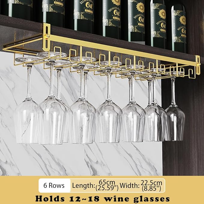 CAKERS Creative Wine Glass Holder|Under Cabinet Iron Art Stemware Rack|Hanging Wine Glass Drying Holder For Kitchen Bar Restaurant,Gold,6 Rows