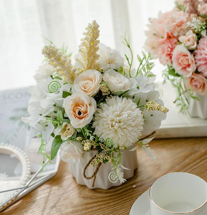 TKAS Artificial Faux Silk Fake Flowers Arrangement, Small Realistic Roses & Hydrangea in Ceramic Vase, Dining Table Centerpiece for Wedding Party Home Decoration (White)