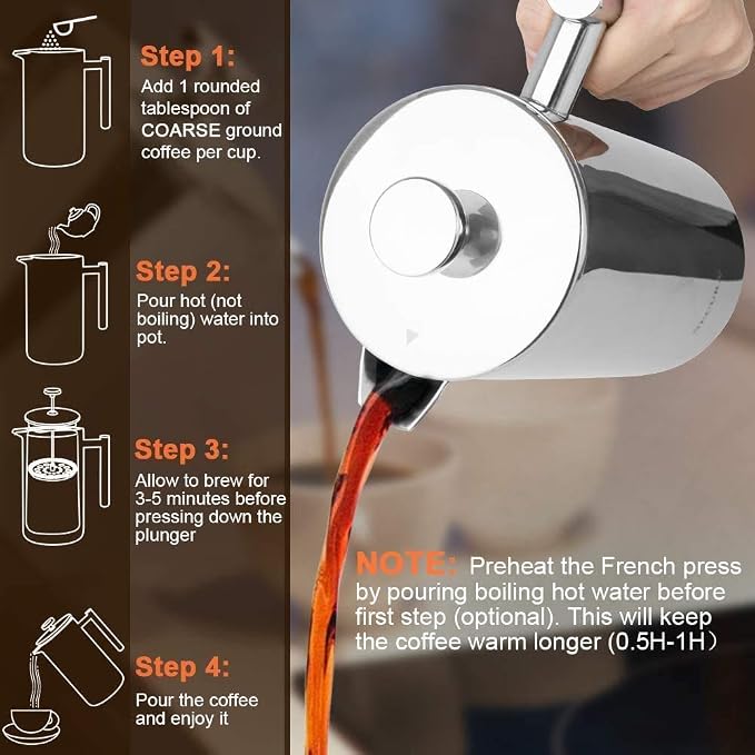 Secura French Press Coffee Maker, 304 Grade Stainless Steel Insulated Coffee Press with 2 Extra Screens, 12oz (0.35 Litre), Silver (Pack of 4)