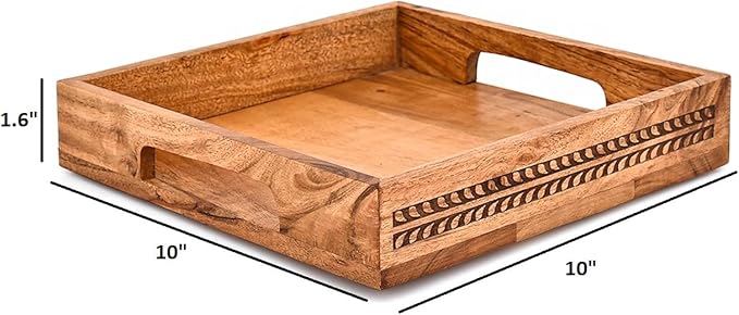 Nirman Serving Trays Acacia Wood with Engraved Design & Cutout Handles | Rustic Farmhouse Food & Drink Server (10" x 10" x 1.6")