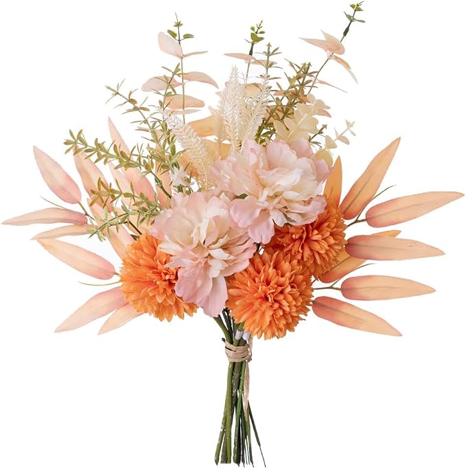 KIRIFLY Artificial Fake Flowers Plants Silk Flower Arrangements Wedding Bouquets Decorations Plastic Floral Table Centerpieces for Home Kitchen Garden Party Décor (Pink Orange)