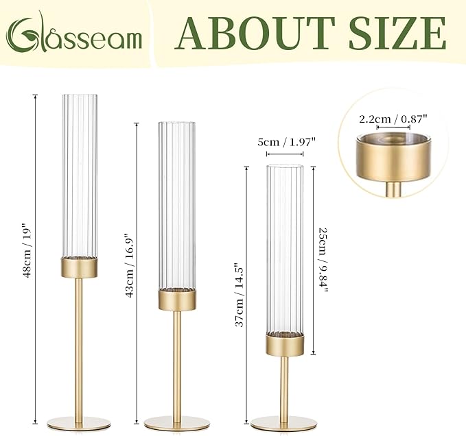 Glasseam Tapered Gold Candlestick Holders: 6 Pcs Tall Brass Taper Candle Holder with Ribbed Glass Cylinder - Hurricane Fluted Candle Holders for Table Centerpiece Wedding Party Christmas Decorations