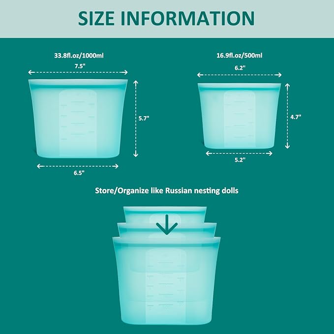 8-Pack Reusable Silicone Food Storage Bags, 100% Silicone Stand-Up Wide-Open Zip-Lock Reusable Storage Bags for Food, Freezer Microwave Oven Dishwasher Safe, Aqua, 4S 4XS