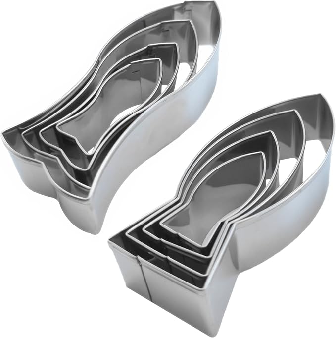 Fish Shaped Cookie Cutter Set of 8 pcs, Stainless Steel Jesus Fish Fondant Cutters (4 pcs Flat Tail + 4 pcs Fork Tail)