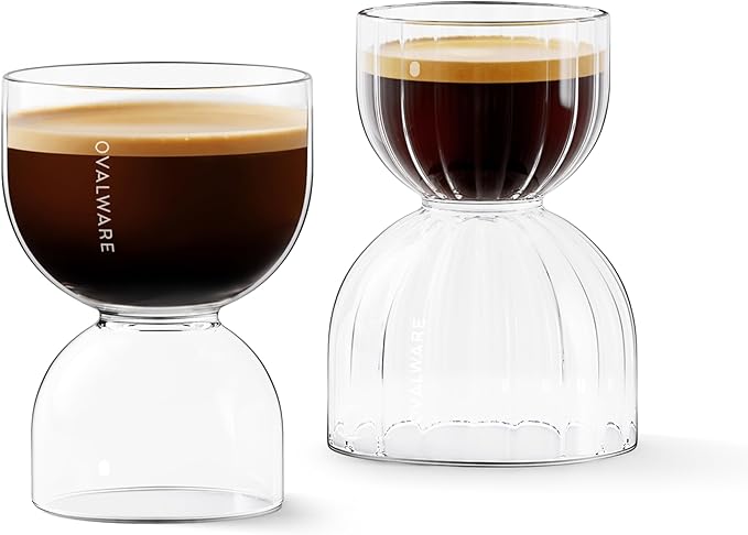 ovalware Espresso Measuring Glass Set of 2 | 30ml/1oz and 60ml/2oz Dual-Dose Stackable Borosilicate Cups | Cool-Touch Thermal Base | Oval Measurement Dots for Consistent Espresso Shots