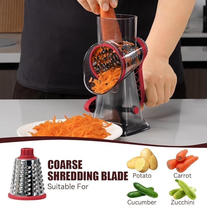 KEOUKE Rotary Cheese Grater Pro 6 in 1 - Shredder Crinkle Slicer Grinder Ice Shaver, Stable Suction, Time-saving Easy Use & Clean, Safe Morden Kitchen Tool for Cheese, Vegetable, Nuts, Chocolate