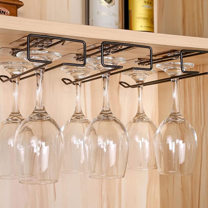 FaLKiN Wine Glass Rack，10.2 Inch Black Wall Mounted Under Cabinet Wine Glass Holder Stemware Wine Glasses Storage Hanger Metal Organizer, Hanging Stemware Holder for Bar Kitchen