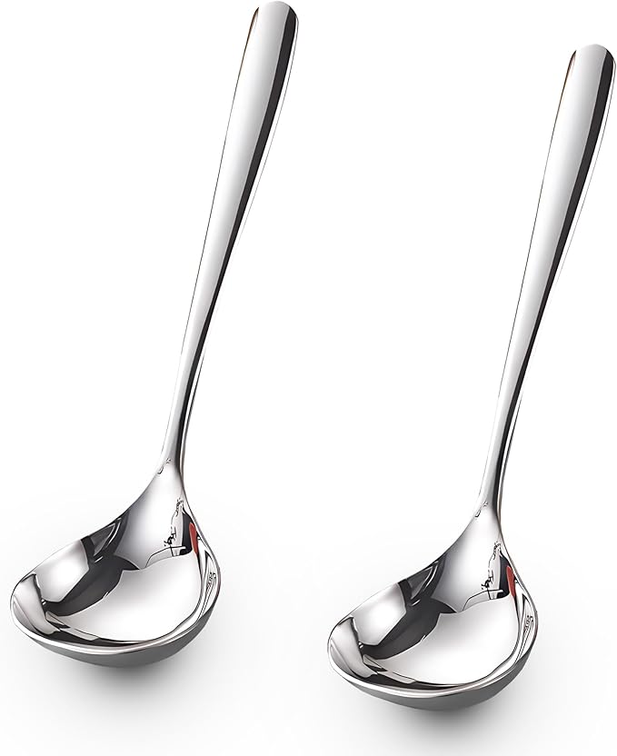 Comicfs 2 Pack Gravy Ladle, SUS 304 Stainless Steel Soup Ladle, Small Soup Ladles, Sauce Ladles, Small Serving Ladle, Solid Serving Spoon 8-Inch (Silver)