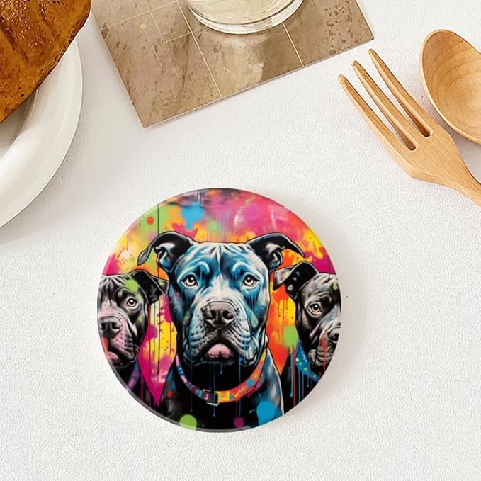 1 Pcs Coffee Cup Coasters for Drinks, Graffiti Style Black Pit Bulls Round Absorbent Non-Slip Ceramic Stone Cork Coasters for Kitchen Living Room Office Decoration Bar (4 * 4 Inch)