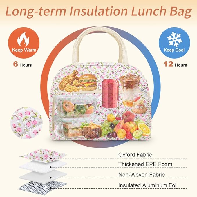 Coobiiya Lunch Box Lunch Bag for Women Men,Reusable Cute Lunch Pail bag,Leakproof,Insulated LunchBox Tote Compact 10L, Cooler Lunch Container for Work Travel Office Floral