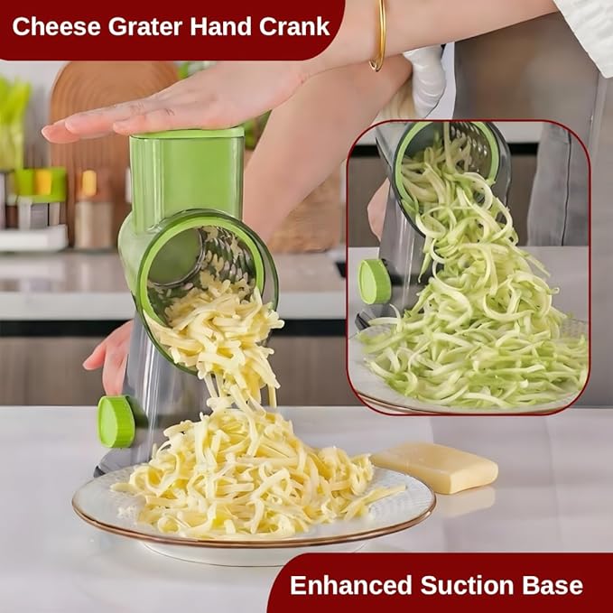 INCITATUS - Cheese Grater Hand Crank - Rotary Cheese Shredder - 3 Interchangeable Stainless Steel Blades & Strong Suction Base - Parmesan Vegetable Grater - Manual Kitchen Vegetable Slicer