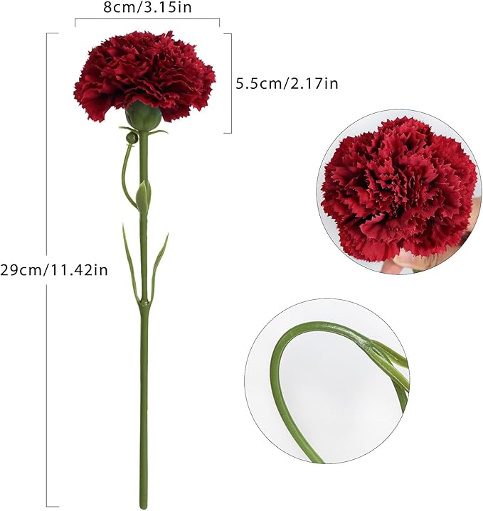 Red Carnations Artificial Flowers 15pcs Real Touch Carnation Flowers Silk Flowers with Stems for Wedding Bouquets for Bridal Home Table Centerpieces Floral Arrangements (Red)