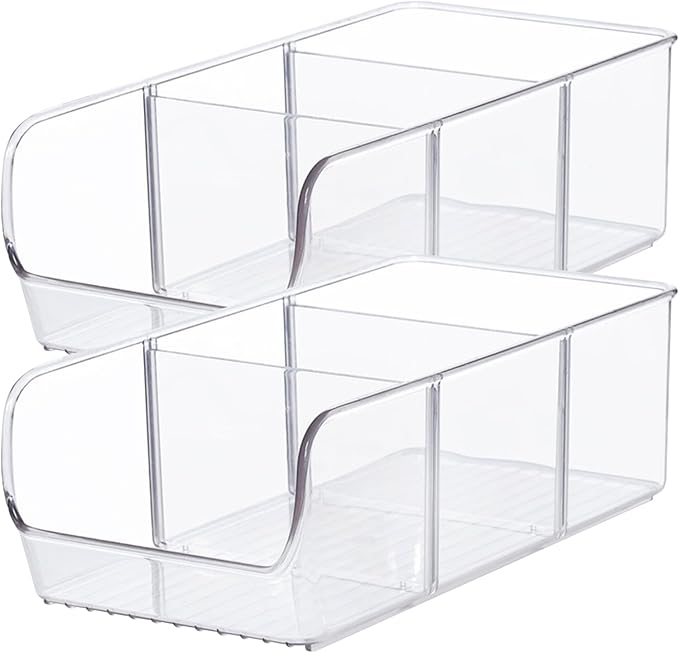 Snack Containers for Pantry, 2PCS 11x5.5x3.5 Snack Storage with Removable Dividers, Clear Plastic Bin, Stackable Organizer for Office, Fridge, Cabinet, Kitchen Containers