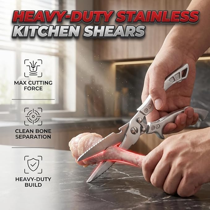Stainless Steel Bone Cut Kitchen Scissors, 2026 New Heavy Duty Poultry Shears with Spring Loaded Handle, Multi Purpose Bone Cutting Kitchen Shears for Chicken Meat Fish Vegetables