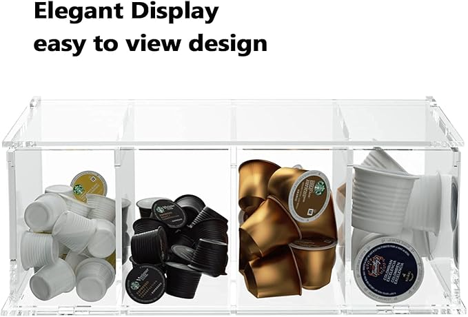 RR RAXMIN Coffee Capsule Holder Acrylic Box K Cup Holder Coffee Pod Storage Clear Acrylic 4 Compartment with Lid Organizer Coffee Bar Accessories