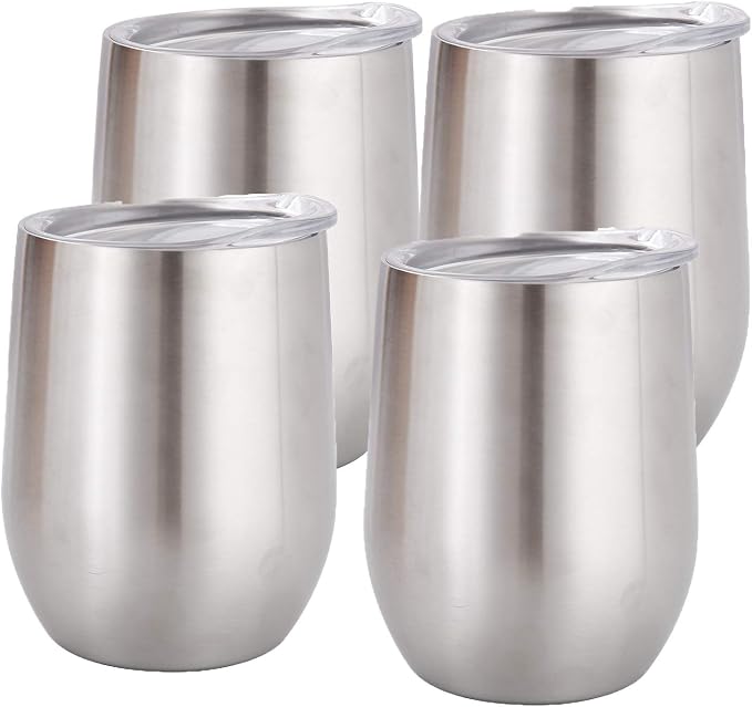 12 oz Stainless Steel Wine Tumbler Stemless Glasses with Lid, Double Wall Insulated Travel Mug Perfect for Wine, Coffee, Drinks, Champagne, Cocktails, Colorful (silver4pcs)