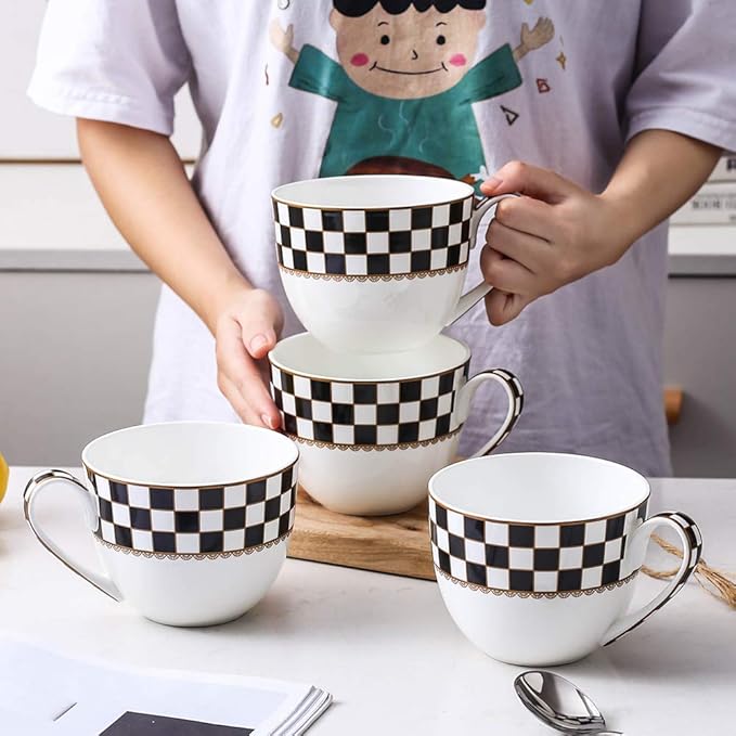 Porlien Checker Pattern 23-ounce Large Soup Bowls, Large Soup Mugs with Handles, Porcelain Cereal Bowls Set of 4