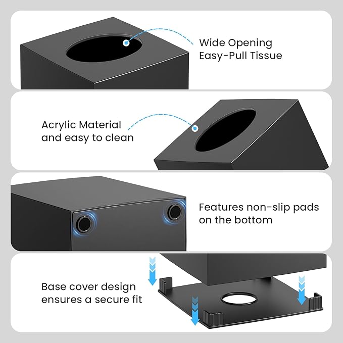 2 Pack Tissue Box Cover Black, Square Acrylic Tissue Holder, Decorative Facial Tissue Box Vessel Cube Paper Organizer Dispenser for Bathroom Office, Night Stand, Desk, Car, Vanity, Countertops