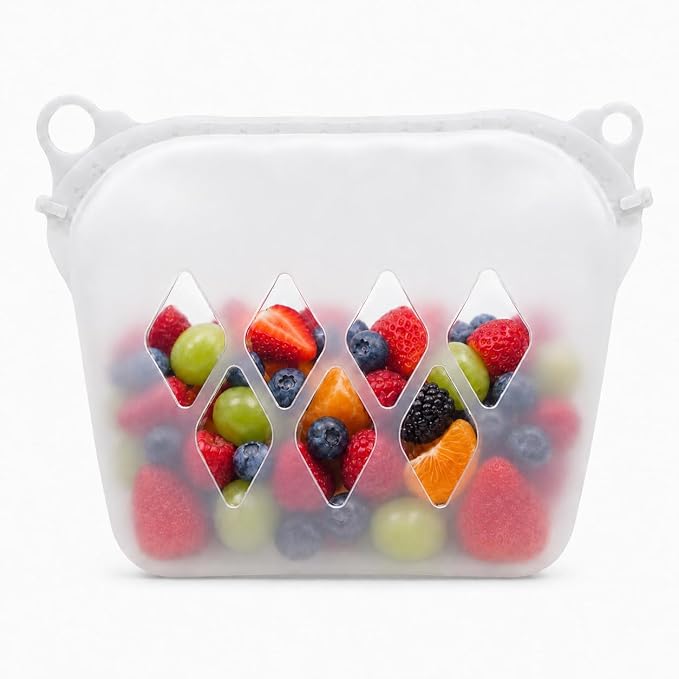 Yosmer Reusable Silicone Food Storage Bag, 50oz/1500ml Food-Grade Silicone Stand-Up Bag with Magnetic Self-Sealing Opening, Clear Windows, Freezer & Dishwasher Safe, White, 1 Pack