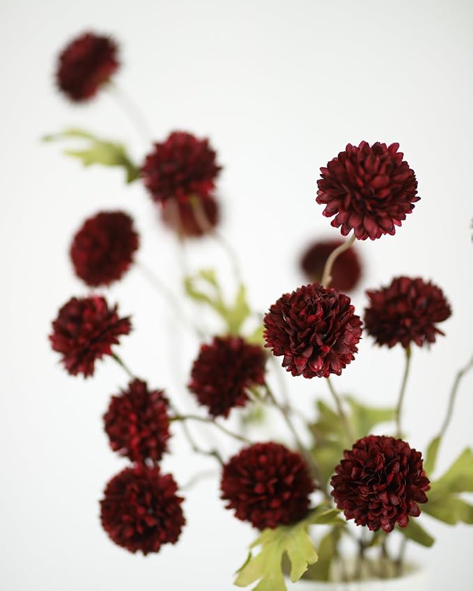 DuHouse 6pcs Artificial Flowers Faux Silk Pompon Mum,Silk Small Mini Chrysanthemum Ball with Stems for DIY Wedding Bouquets Centerpieces Vase Home Table Kitchen Decorations(Burgundy)