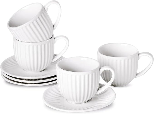 Ceramic Espresso Cups with Saucers 5 Oz,Set of 4 Porcelain Demitasse Cups Set,Small Coffee Cups with Handle for Coffee,Tea,Latte and Macchiato,Cappuccino Mugs for Kitchen and Cafe,White