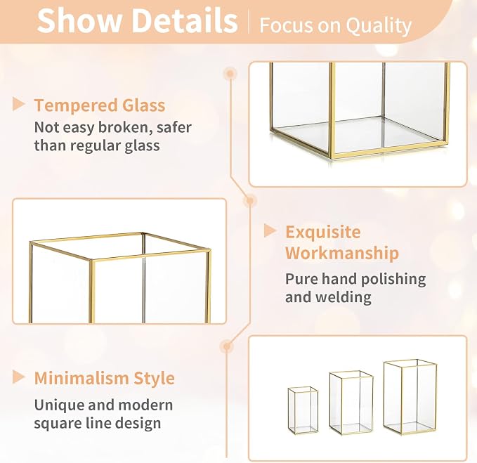 NUPTIO Candle Lantern for Wedding Centerpiece: 18 Pcs Clear Hurricane Glass Pillar Candles Holder with Gold Frame Bulk Decorative Candle Lanterns for Christmas Dining Table Decor 8.1 & 6.5 & 4.7 inch
