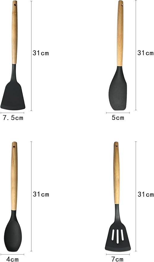 Silicone Cooking Kitchen Utensils Set – BPA‑Free, Non‑Toxic, Non-Stick, Heat‑Resistant to 446 °F, Non‑Scratch Wooden Handles + Utensil Holder (Black)