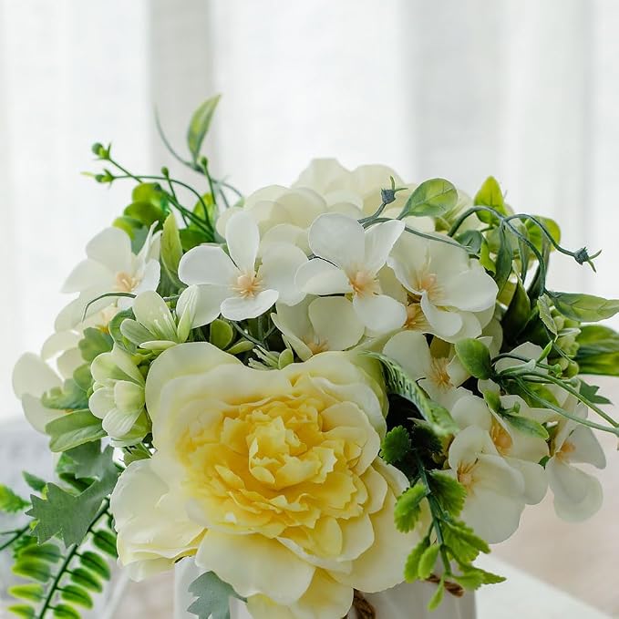 TKAS Fake Flowers Arrangement in Ceramic Vase, Artificial Faux Silk Roses & Hydrangea, Small Realistic Dried-Style Floral Dining Table Centerpiece for Wedding Party Home Decoration (Yellow)